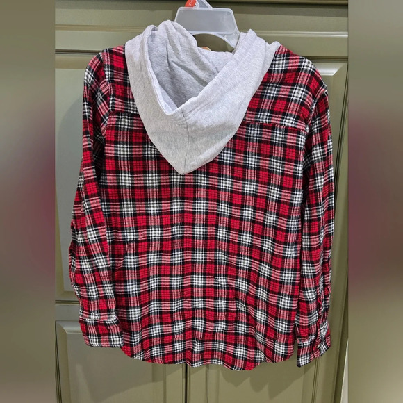 Nwt time & Tru red long sleeve button down flannel with hood - Picture 2 of 4